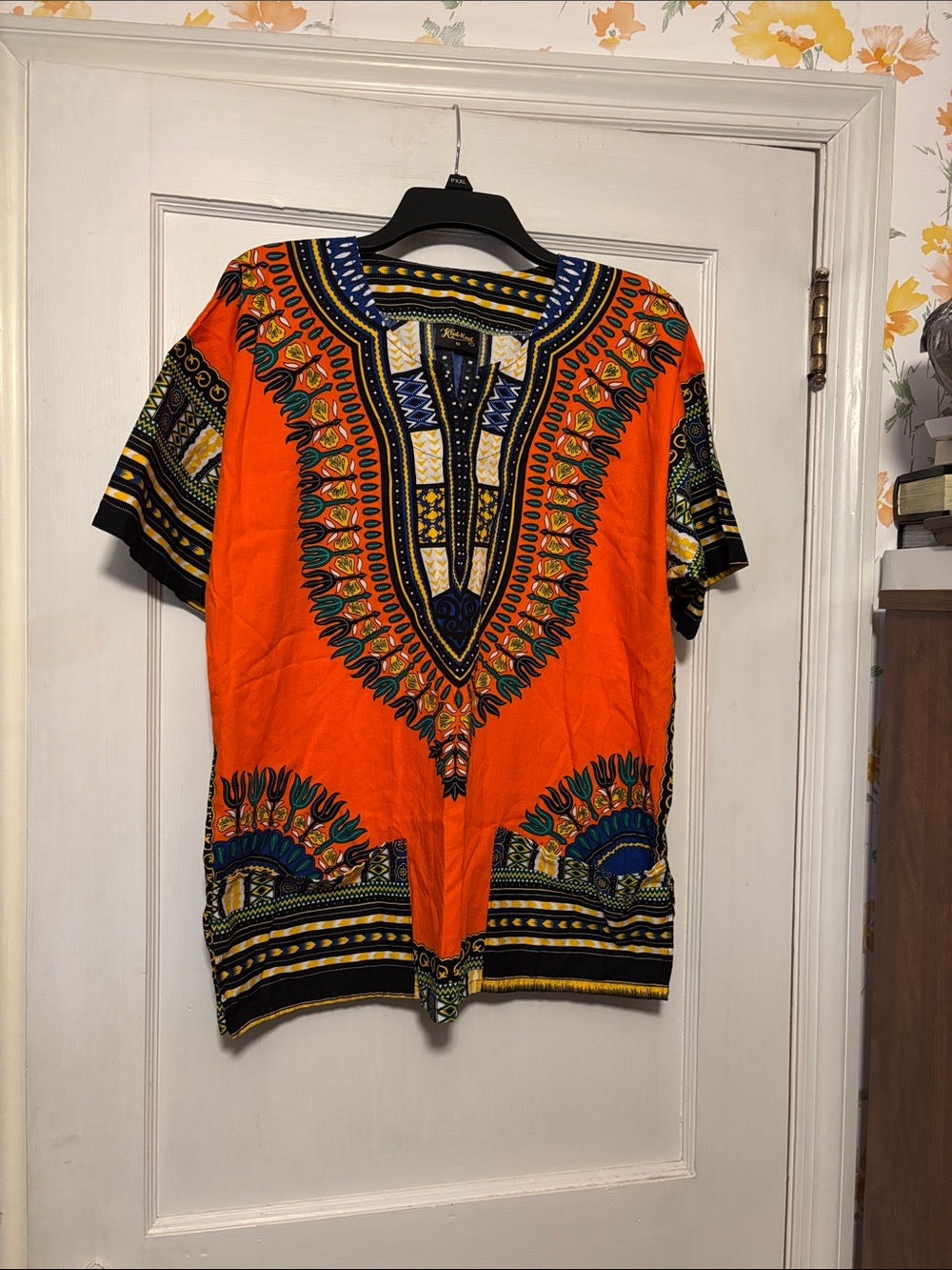 Vibrant Orange African Dashiki Top with Multicolor Print